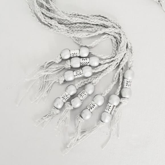 Handcrafted Silver Tone Gray Statement Chain Link Belt With Beaded Tassels - Picture 6 of 13